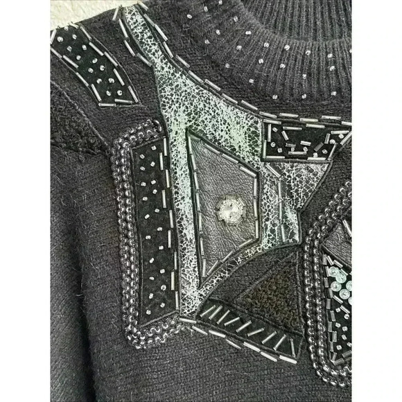 Vintage 80s Ms Organically Grown Acrylic Pullover Black Patch Work Sweater - Picture 5 of 7